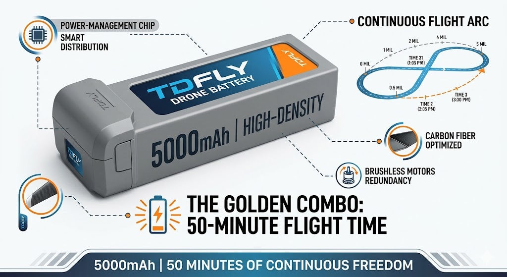 The Golden Combo: 50-Minute Flight Time & 5000mAh Drone Battery